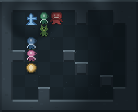 A dungeon room: three players in green, blue and pink standing in a corridor, an ogre and a goblin beside them, gold coins on the floor, a lit shrine, and torchlight falling away into the dark.